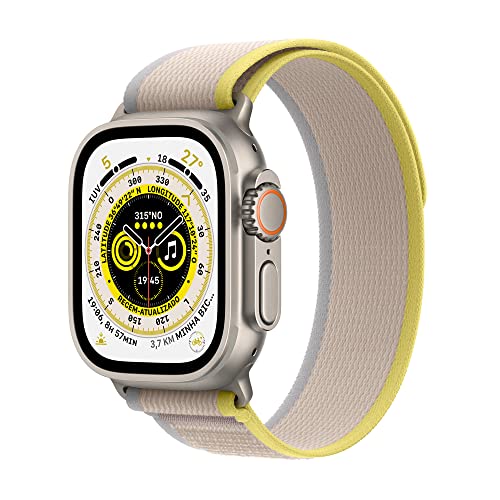Apple Watch Ultra GPS + Cellular, Smartwatch com caixa de titânio de 49 mm com pulseira Loop Trail amarela/bege – P/M