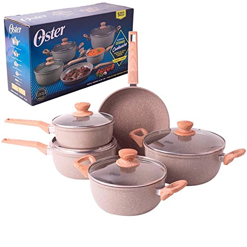 OSTER Conjunto de Panelas Antiaderentes 5 Peças Marble Edition - Jogo de Panela e Frigideira, Construção em Alumínio e Revestimento Duplo de Cerâmica, Alças e Cabos Revestidos em Silicone - Cinza Dust