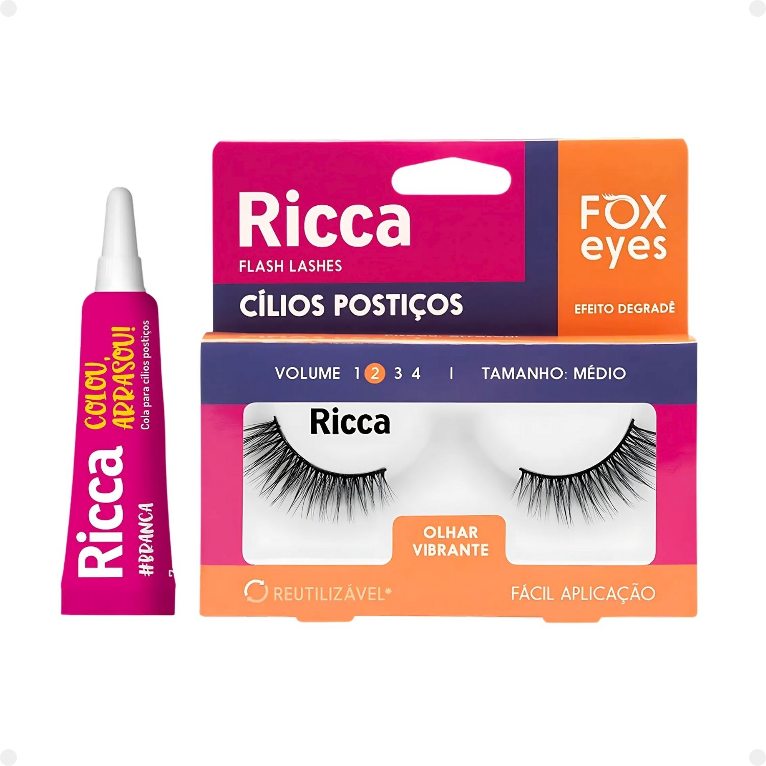 Cílios Postiços Ricca Belliz Fox Eyes Olhar Vibrante Vol.2 Médio Cód.2695 + Cola Branca