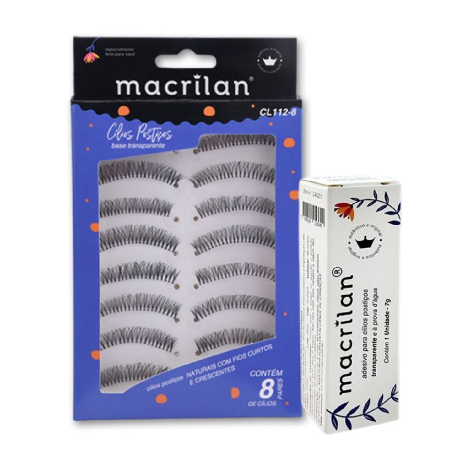 Cílios Postiços Naturais com Fios Curtos e Crescentes 8 Pares CL112-8 + Cola Para Cílios Postiços CA-001