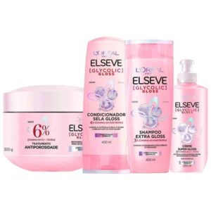 Kit Elseve Glycolic Gloss Shampoo Condicionador Creme de Tratamento Creme Super Gloss Kit Elseve Glycolic Gloss Shampoo Condicionador Creme de Tratamento Creme Super Gloss