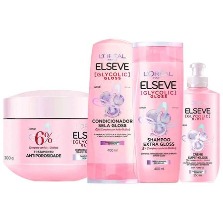 Kit Elseve Glycolic Gloss Shampoo Condicionador Creme de Tratamento Creme Super Gloss