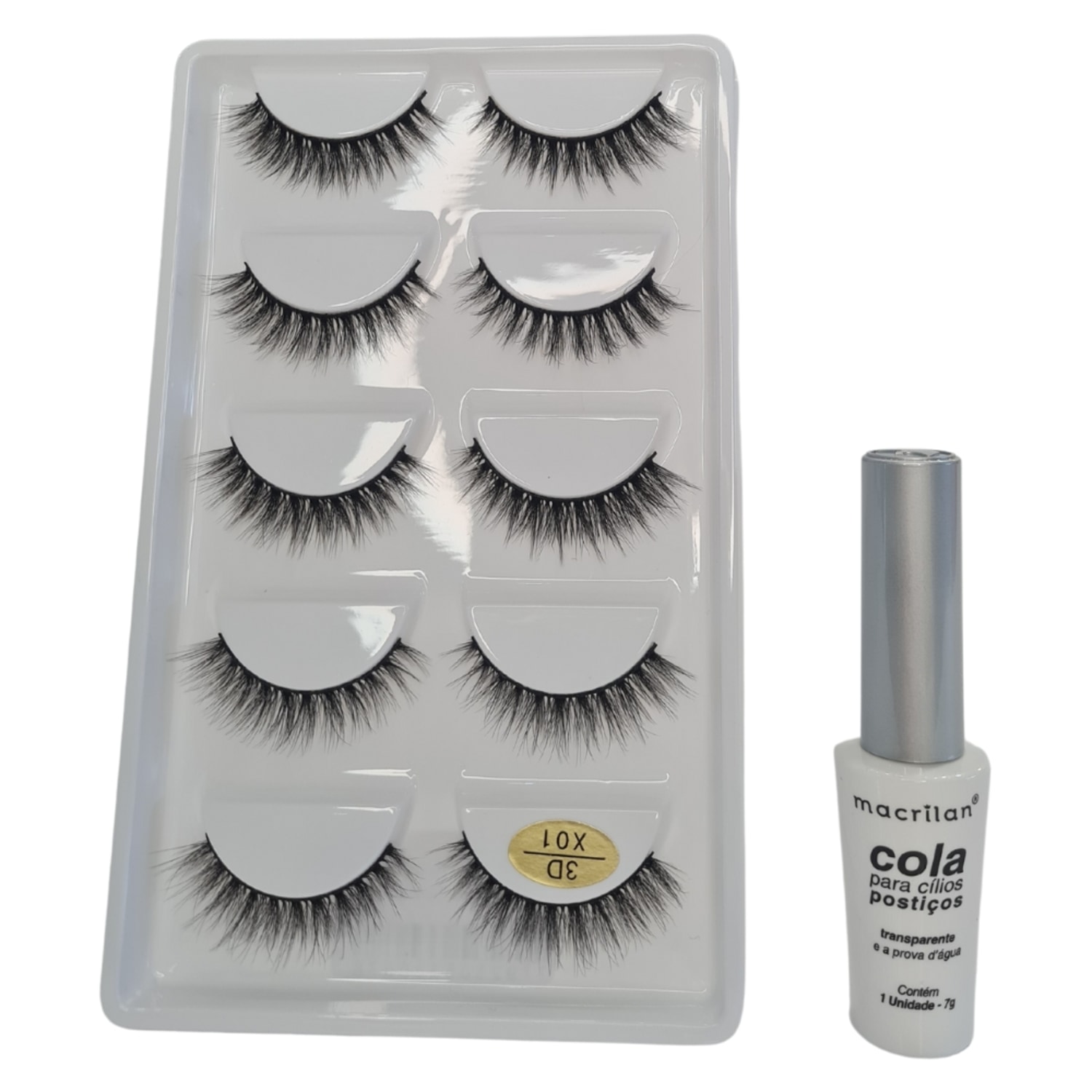 Kit Cílios Postiços Macrilan 3D X01 5 pares + Cola