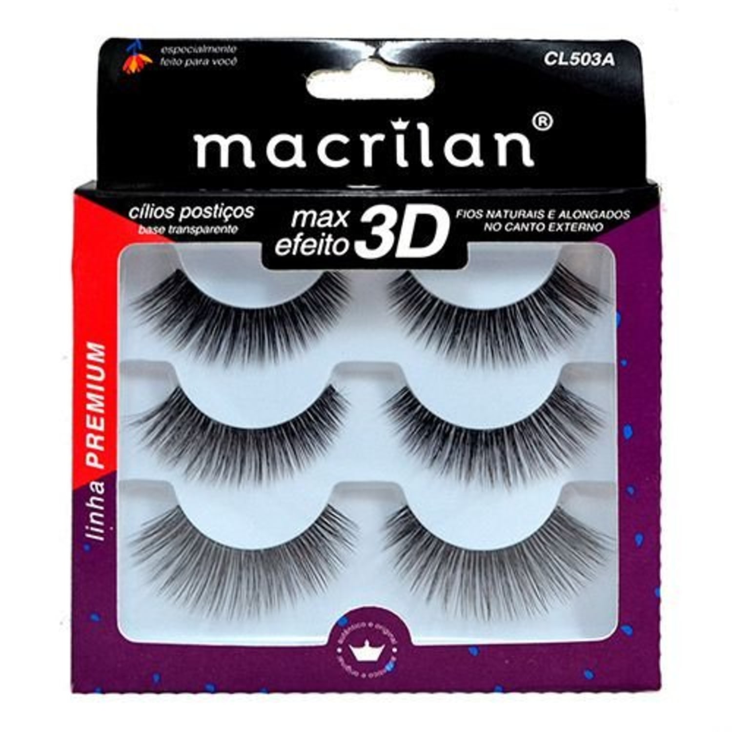 Cílios Postiços Macrilan Linha Premium Max Efeito 3D Fios Naturais e Alongados 3 pares