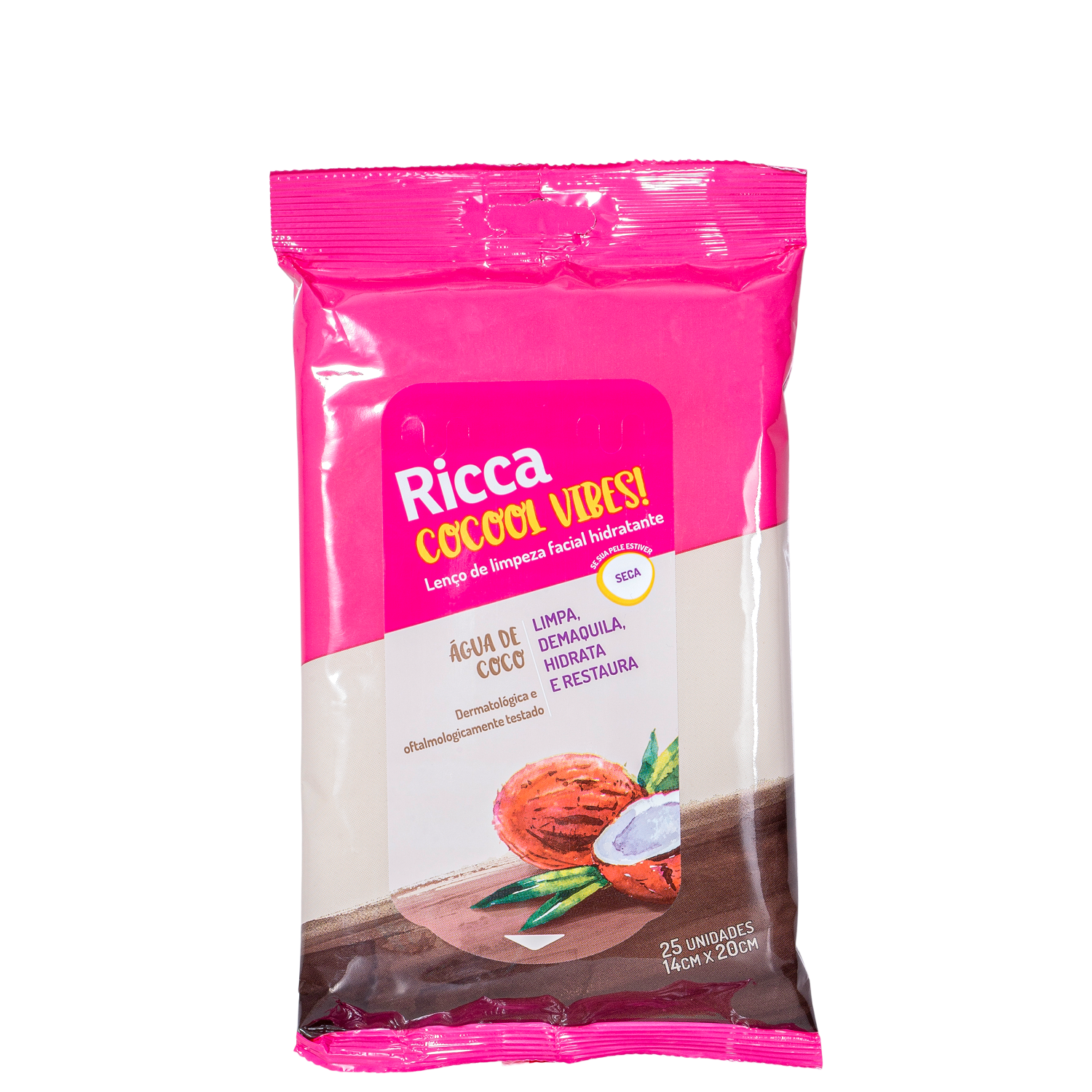 Lenço Demaquilante Ricca Cocool Vibes! Água de Coco 25 Unidades