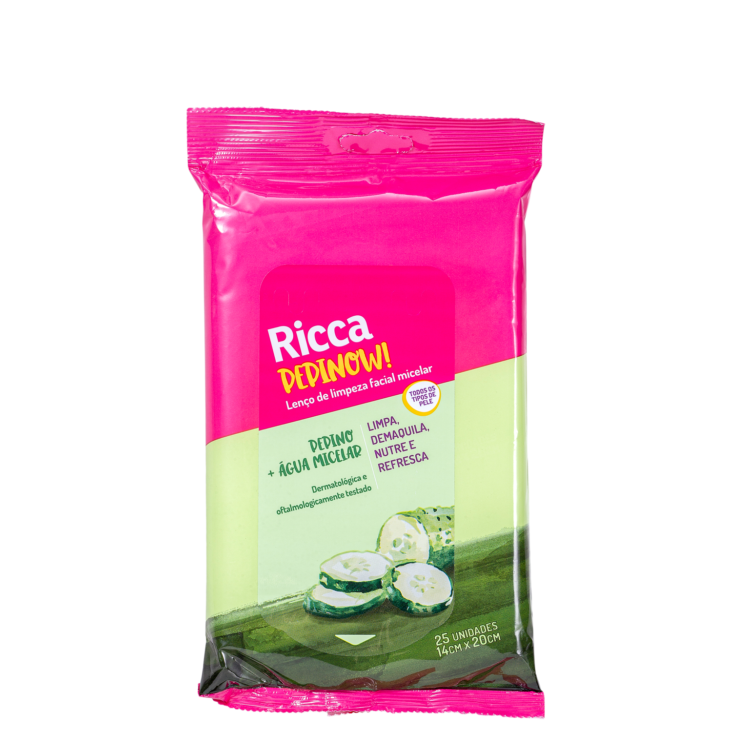 Lenço Demaquilante Ricca Pepinow! Pepino + Água Micelar 25 Unidades