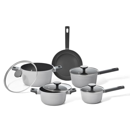 Oikos - Jogo Panelas Antiaderente Ultra Ceramic 5 Peças para Fogão por Indução, a Gás, Elétrico e Vitrocerâmico Cor Cinza Mou Trufa