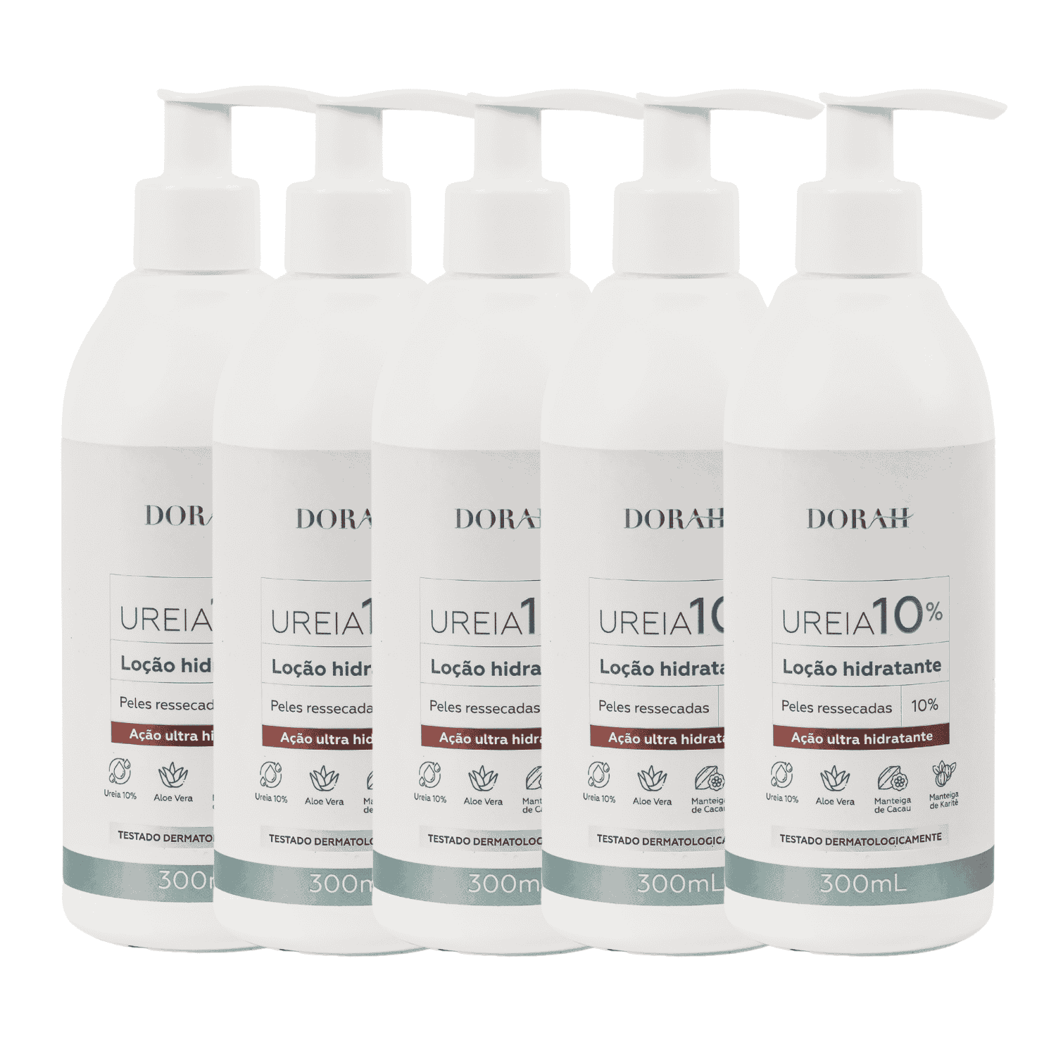 Loção de Uréia 10% com Aloe Vera Manteiga de Cacau e Karitê Dorah Beauty & Wellness 300ml 5 Unidades