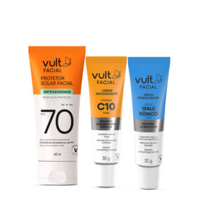 Combo Vult Facial Protetor Solar FPS 70 40ml Creme Antioxidante Vitamina C 10% 30g Sérum Facial Ácido Hialurônico Puro 30g