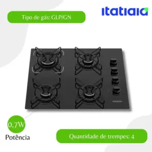 Cooktop Gás 4 Bocas Itatiaia Mesa de Vidro Preto Bivolt Essencial Cooktop Gás 4 Bocas Itatiaia Mesa de Vidro Preto Bivolt Essencial
