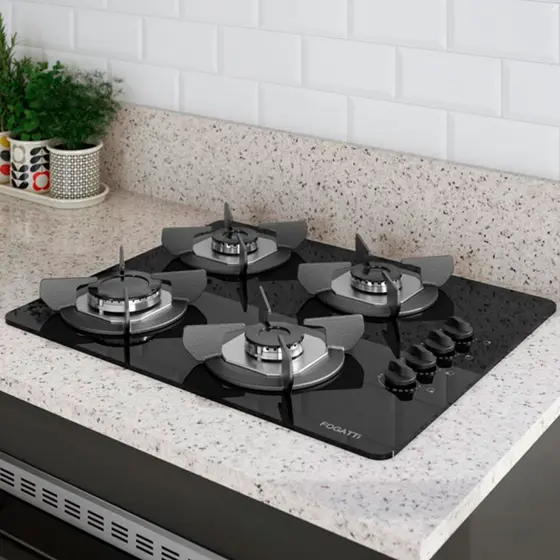 Cooktop Gás 4 Bocas Fogatti Vidro Preto Safe 27001301