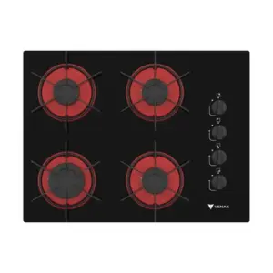 Cooktop Gás 4 Bocas Venax Preto Vermelho GLP Arena Cooktop Gás 4 Bocas Venax Preto Vermelho GLP Arena