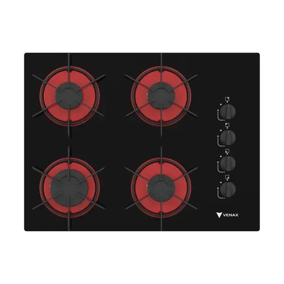 Cooktop Gás 4 Bocas Venax Preto Vermelho GLP Arena