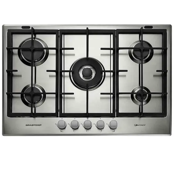 Cooktop Gás 5 Bocas Brastemp Inox Duplachama Trempe de Ferro Fundido Gourmand BDK75DR