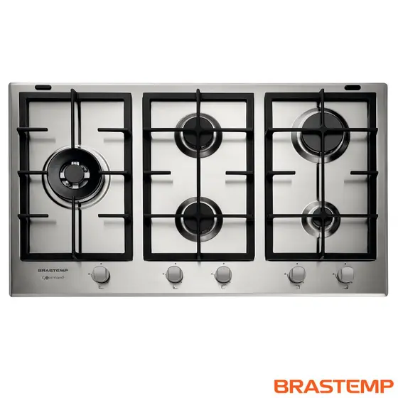 Cooktop Gás 5 Bocas Brastemp Inox Duplachama Trempe de Ferro Fundido Gourmand BDK90DR