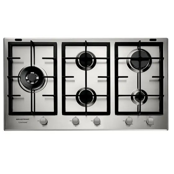 Cooktop Gás 5 Bocas Brastemp Inox Duplachama Trempe de Ferro Fundido Gourmand BDK90DR