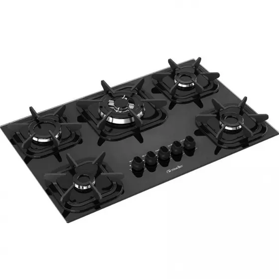 Cooktop Gás 5 Bocas Mueller Mesa de Vidro Tripla Chama