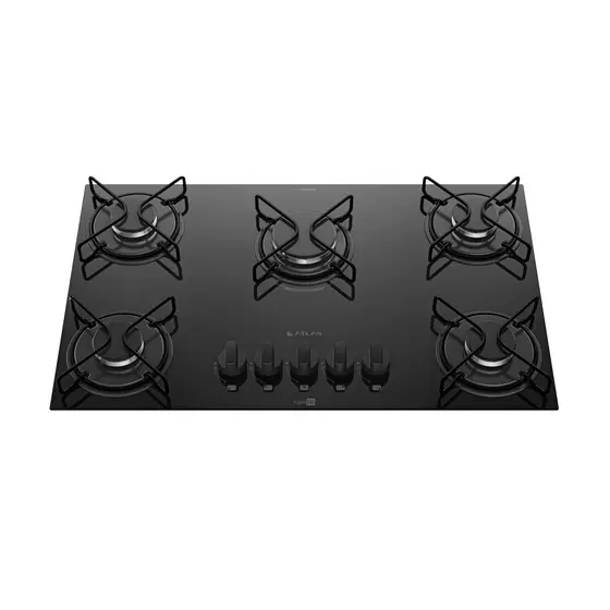 Cooktop a Gás Atlas 5 Bocas Preto Mesa de Vidro Mega Chama Bivolt Agile Up