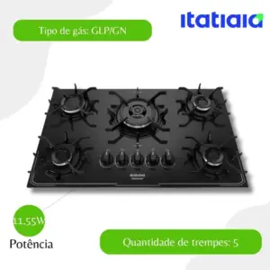 Cooktop Gás 5 Bocas Itatiaia Tripla Chama Vidro Temperado Preto Bivolt Itamaster Cooktop Gás 5 Bocas Itatiaia Tripla Chama Vidro Temperado Preto Bivolt Itamaster