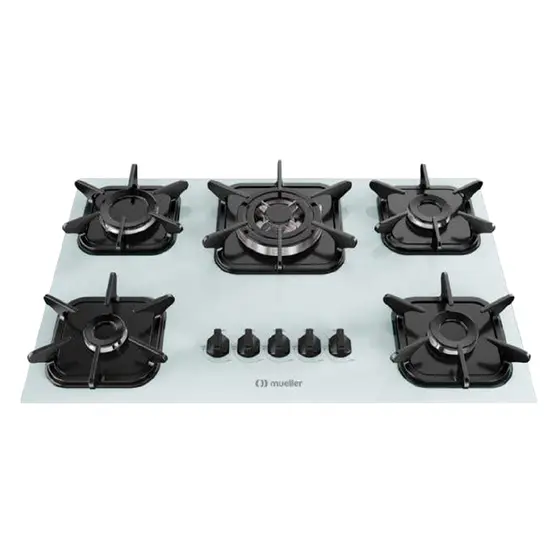 Cooktop Gás 5 Bocas Mueller Tripla Chama Mesa de Vidro Branco Bivolt