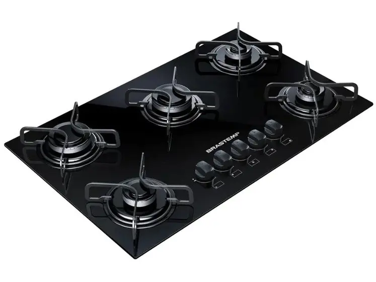 Cooktop Gás 5 Bocas Brastemp Vidro Temperado Preto Acendimento Super Automático Bivolt BDD75AE