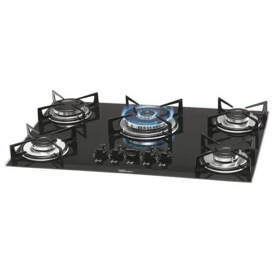 Cooktop Gás 5 Bocas Fischer Mesa de Vidro Tripla Chama Preto Bivolt