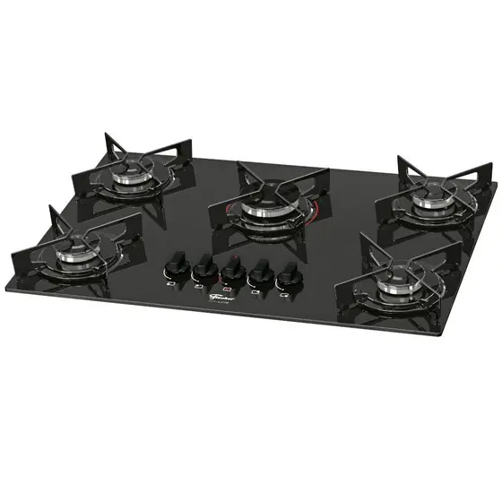 Cooktop Gás 5 Bocas Fischer Vidro Preto Chama Rápida Bivolt 5Q Fit Line