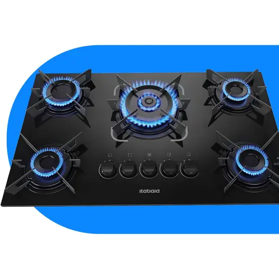 Cooktop Gás 5 Bocas Itatiaia Tripla Chama Mesa de Vidro Acendimento Superautomático Preto Bivolt Electra