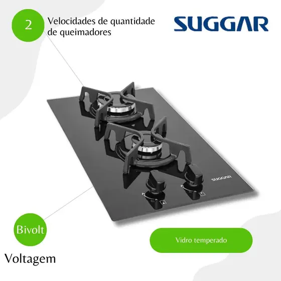 Cooktop Gás 2 Bocas Suggar Mesa de Vidro Preto Bivolt FG2002FVP