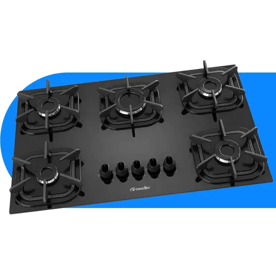 Cooktop Gás 5 Bocas Mueller Queimador Ultra Chama Preto Bivolt