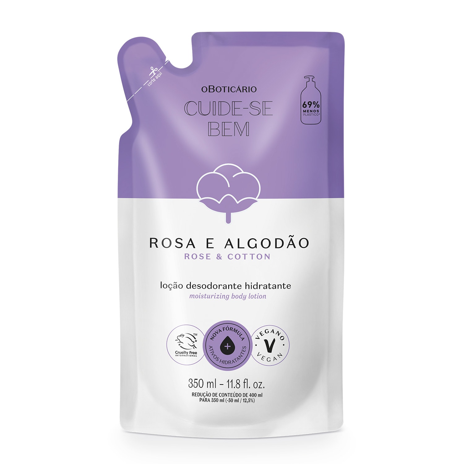 Refil Loção Desodorante O Boticário Cuide-se Bem Rosa e Algodão Hidratante 350ml