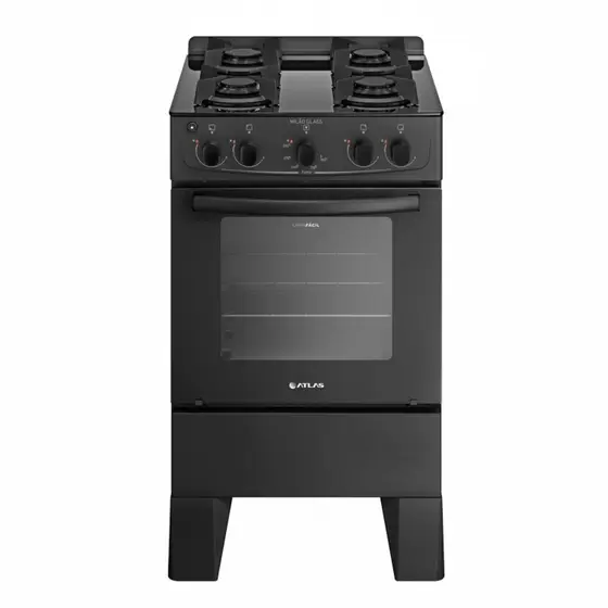 Fogão de Piso a Gás Atlas 4 Bocas Preto Automático Mesa de Vidro Milão Glass