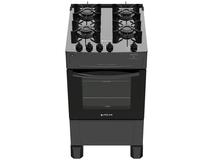 Fogão de Piso a Gás Atlas 4 Bocas Preto Mesa de Vidro Mônaco Top Glass