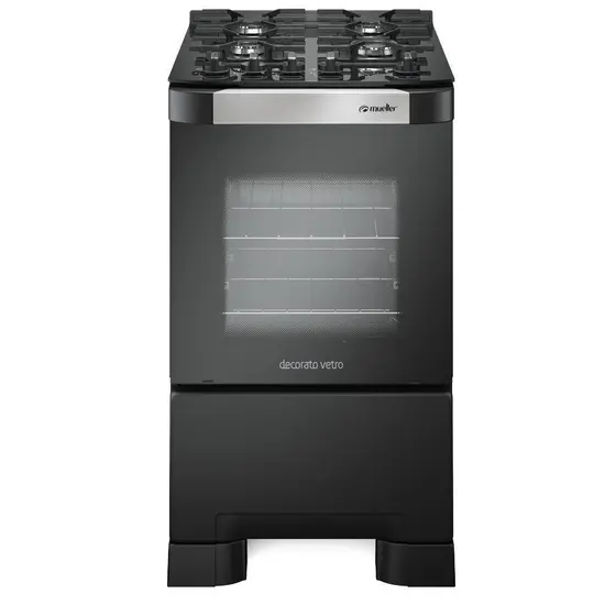 Fogão de Piso a Gás Mueller 4 Bocas Preto Fosco com Mesa de Vidro Decorato Vetro