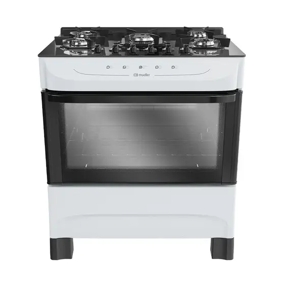 Fogão a Gás Mueller 5 Bocas Branco Mesa de Vidro e Acendimento Automático Bivolt MFV5BB