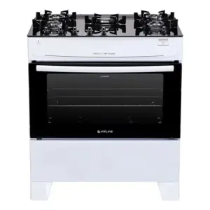 Fogão de Piso a Gás Atlas 5 Bocas Branco com Mesa de Vidro Bivolt Mônaco Plus Top Glass
