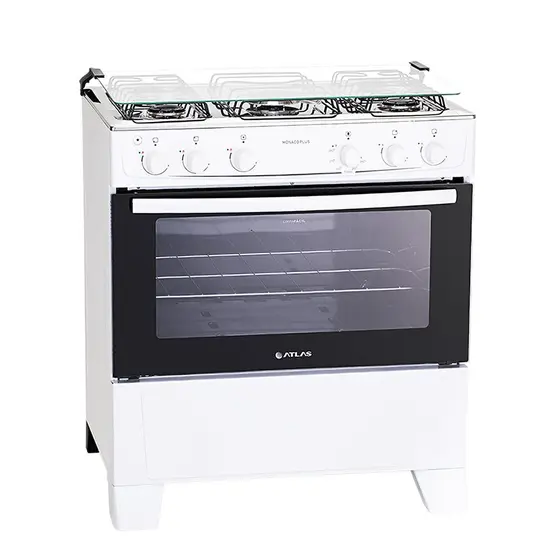 Fogão de Piso a Gás Atlas 5 Bocas Branco com Mesa Inox e Acendimento Automático Bivolt Mônaco Plus
