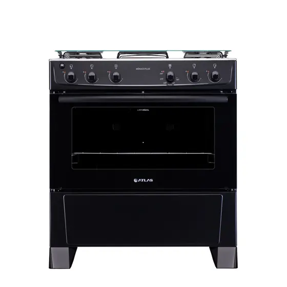 Fogão de Piso a Gás Atlas 5 bocas Preto com Acendimento Automático e Mesa Inox Mônaco Plus