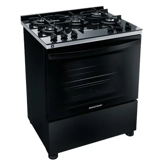 Fogão de Piso a Gás Brastemp 5 Bocas Preto com Mesa de Vidro e Turbo Chama Bivolt
