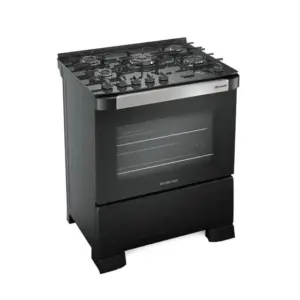 Fogão de Piso a Gás Mueller 5 Bocas Preto Fosco com Mesa de Vidro e Timer Bivolt Decorato Vetro