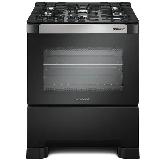 Fogão de Piso a Gás Mueller 5 Bocas Preto Fosco Decorato Vetro