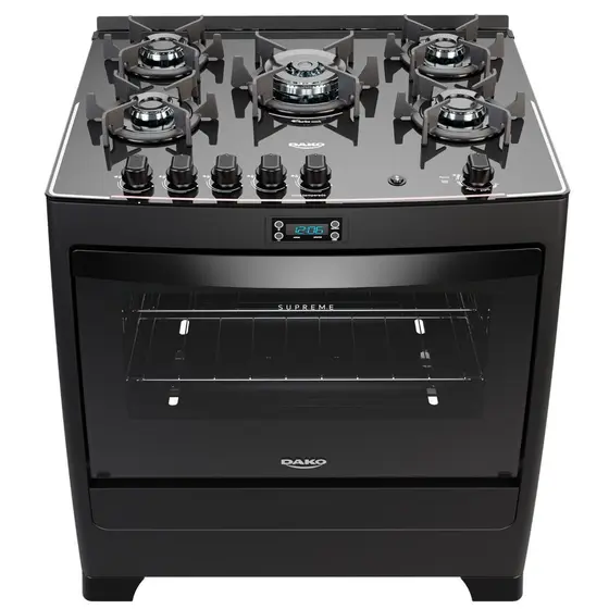 Fogão de Piso a Gás Dako 5 Bocas Preto com Mesa de Vidro e Timer Digital Bivolt Supreme Black Glass
