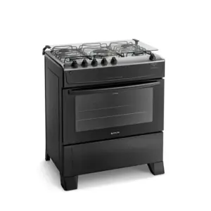 Fogão de Piso a Gás Atlas 5 Bocas Preto com Mesa Inox Bivolt Mônaco Top