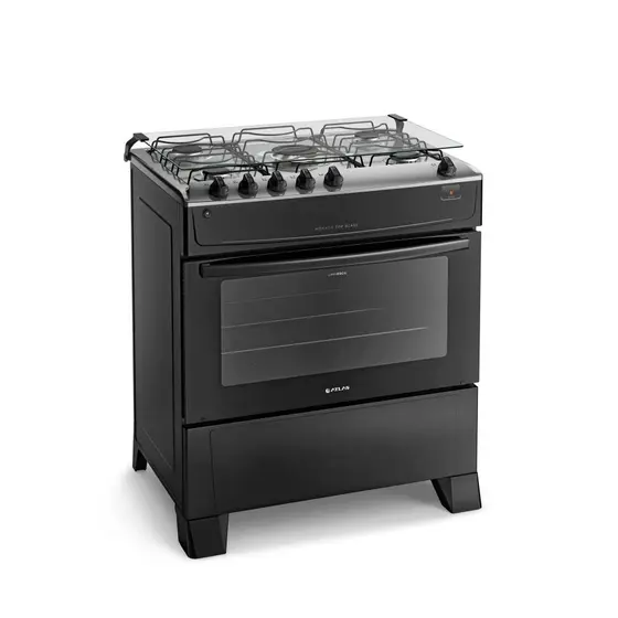 Fogão de Piso a Gás Atlas 5 Bocas Preto com Mesa Inox Bivolt Mônaco Top