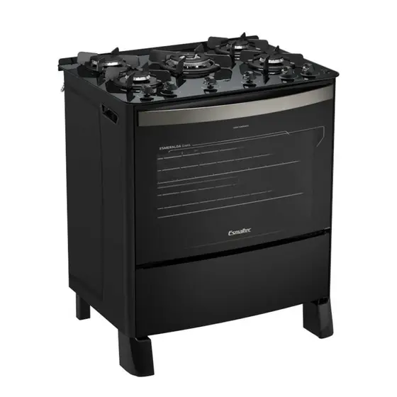 Fogão a Gás de Piso Esmaltec 5 Bocas Preto Automático Mesa de Vidro Esmeralda Glass