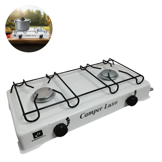 Fogão a Gás Portátil Suzan Peças Duas Bocas Baixa Pressão Grelha Esmaltada Camper Luxo