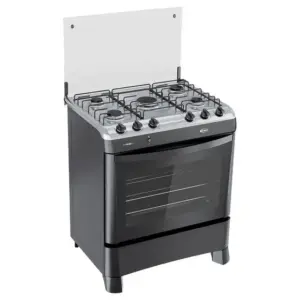 Fogão a Gás de Piso Clarice 5 Bocas Preto Fosco Mesa Inox Bivolt Fascino