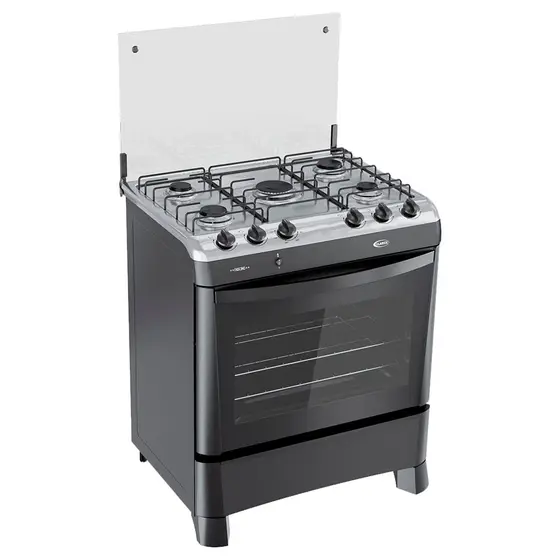 Fogão a Gás de Piso Clarice 5 Bocas Preto Fosco Mesa Inox Bivolt Fascino