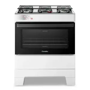 Fogão a Gás de Piso Esmaltec 5 bocas Cor Branco Mesa Inox Super Chama Tampa de Vidro Forno 84L Limpa Fácil Acendimento Automático Bivolt IDEAL Top T5IAB