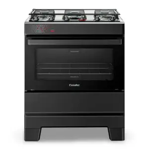Fogão a Gás de Piso Esmaltec 5 bocas Cor Preto Mesa Inox Super Chama Tampa de Vidro Forno 84L Limpa Fácil Acendimento Automático Bivolt IDEAL Top T5IAP